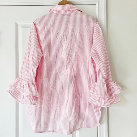Italian 100% Cotton By Coco Pink White Striped Ruffle Button Up Shirt Size L/XXL - Picture 7 of 15